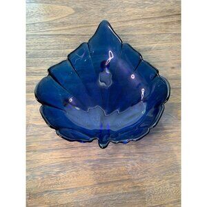 Vintage Blue Glass Footed Leaf-Shaped Dish 12"x11"x3.5" Decorative Bowl Home Dec